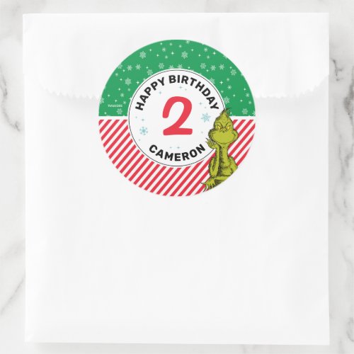 Grinch Red and Green Snowflake Birthday Classic Round Sticker