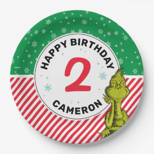 Grinch Red and Green Snowflake Birthday Paper Plates