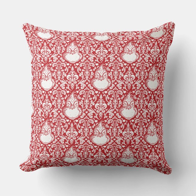 Grinch | Red Damask Pattern Throw Pillow (Front)