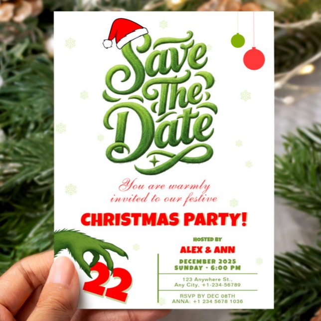 Grinch Style Christmas Party Save the Date Invitation (Grinch Style Christmas Party Save the Date Invitation, Funny Xmas invite)