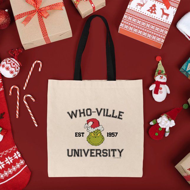 Grinch | Who-ville University Est 1957 Tote Bag (Tote bag on table)