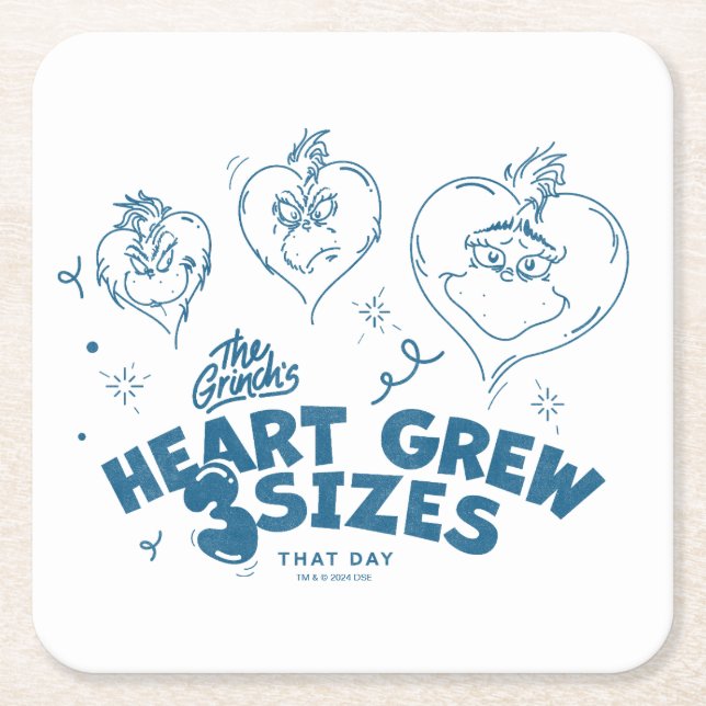 Grinch's Heart Grew 3 Sizes Square Paper Coaster (Front)