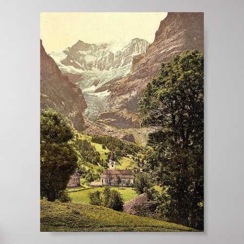 Grindelwald church and Eiger Mountain Bernese Ob Poster