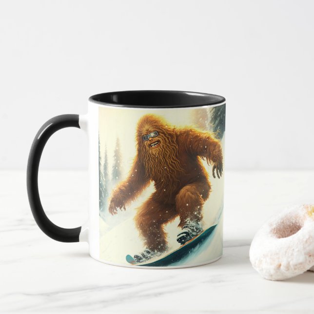 Grinning Bigfoot Sasquatch Snowboarding Powder  Mug (With Donut)