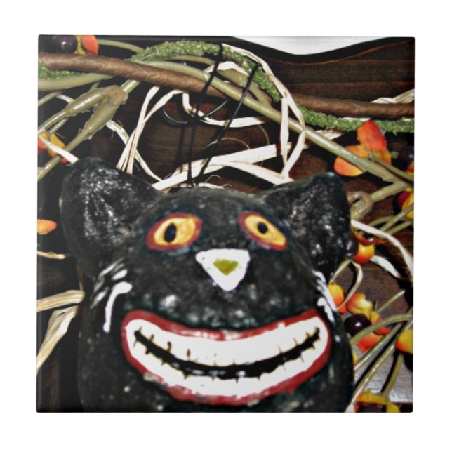 Grinning Black Cat Ceramic Tile (Front)