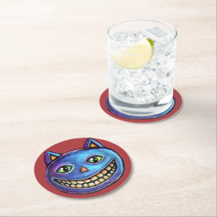 Grinning Blue Cat Vintage Halloweenies Round Paper Coaster