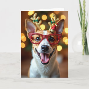 Grinning Dog In Red Glasses Christmas Card