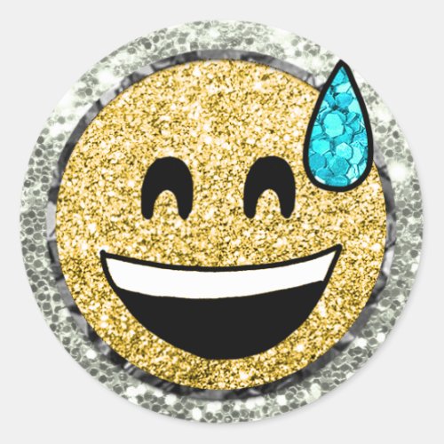  Grinning Face Sweat  Emoji AP40 Gold Glitter C Classic Round Sticker