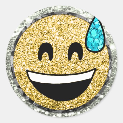 *~* Grinning Face Sweat  Emoji AP40 Gold Glitter C Classic Round Sticker