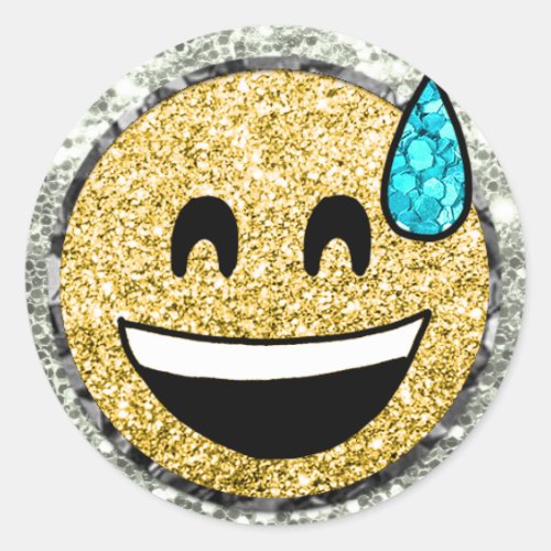 *~* Grinning Face Sweat  Emoji AP40 Gold Glitter Classic Round Sticker