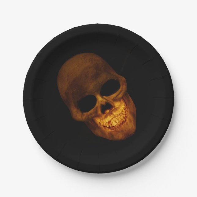 Grinning Gold Skull Halloween Party Paper Plates (Front)