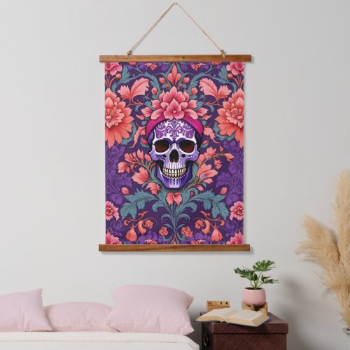 Grinning Goth Skull Gothic Floral Damask Pattern Hanging Tapestry