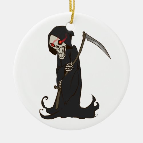 Grinning Grim Reaper with Red Eyes Holding Scythe Ceramic Ornament