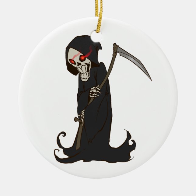 Grinning Grim Reaper with Red Eyes Holding Scythe Ceramic Ornament (Front)