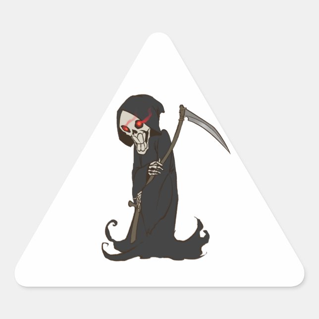 Grinning Grim Reaper with Red Eyes Holding Scythe Triangle Sticker (Front)