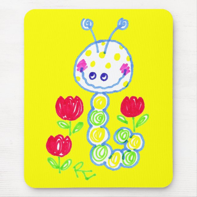 Grinning Happy Caterpillar Yellow Background Mouse Pad (Front)