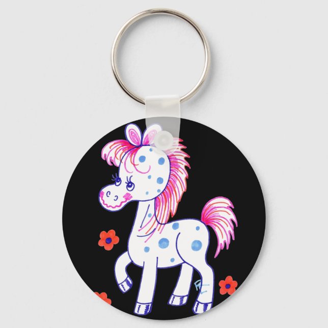 Grinning Happy Pony Black Background Keychain (Front)