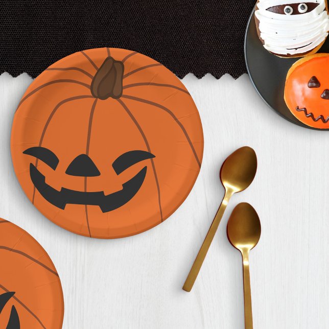 Grinning Orange Carved Pumpkin Halloween Party Paper Plates (Creator Uploaded)
