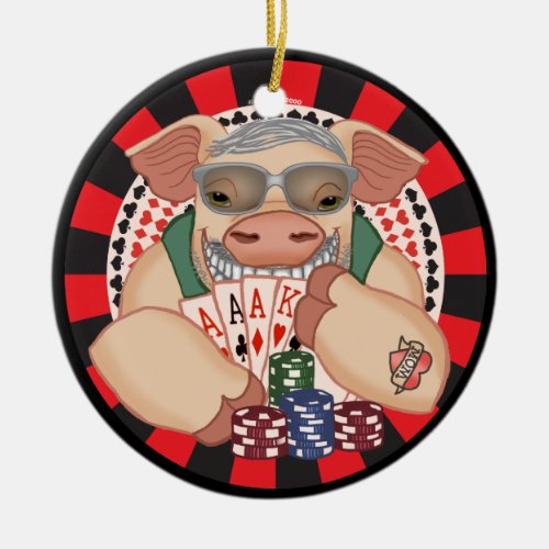 Grinning Poker Pig Ceramic Ornament