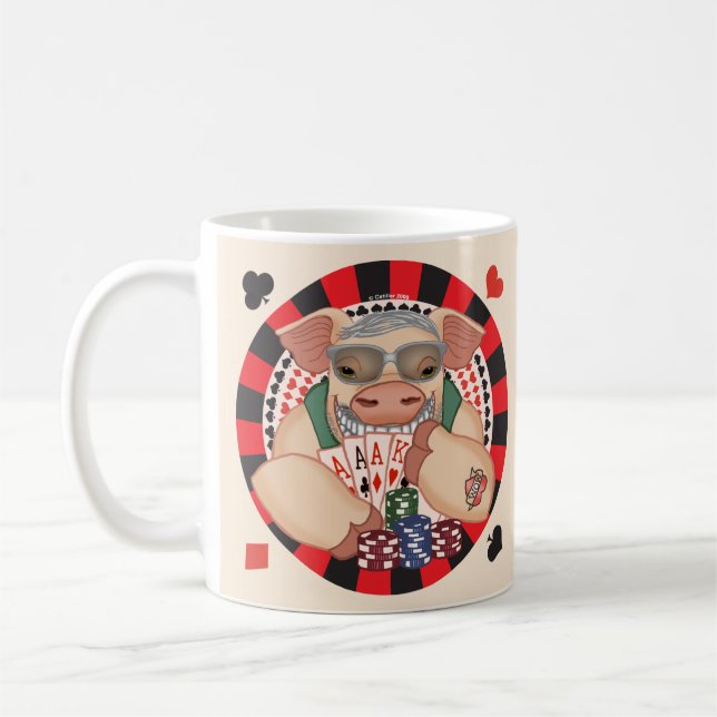 Grinning poker pig coffee mug (Left)