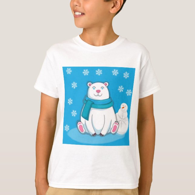 Grinning Polar Bear and Snowman T-Shirt (Front)