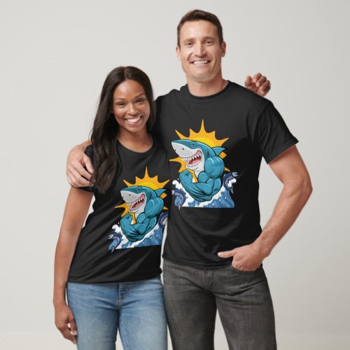 Grinning Shark Flexing Muscles Sun Waves BLK  T_Shirt