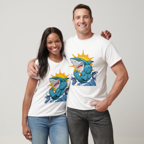 Grinning Shark Flexing Muscles Sun Waves  T_Shirt