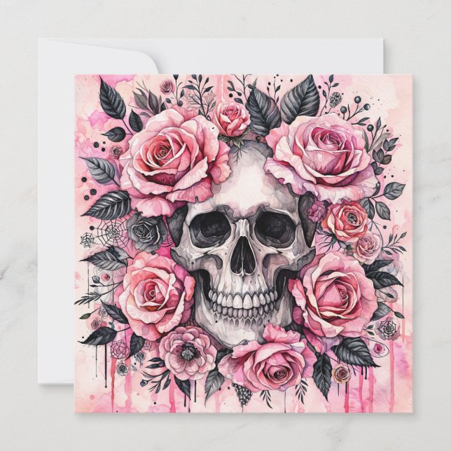 Grinning Skull and Pink Roses Gothic Invitation (Front)