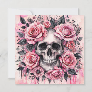Grinning Skull and Pink Roses Gothic Invitation