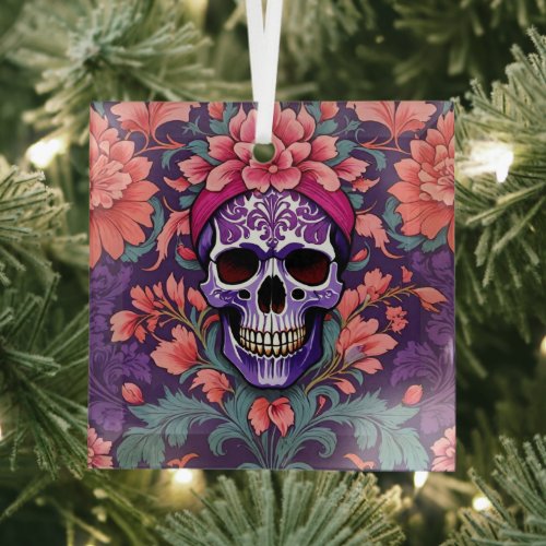 Grinning Skull Gothic Floral Damask Pattern Glass Ornament