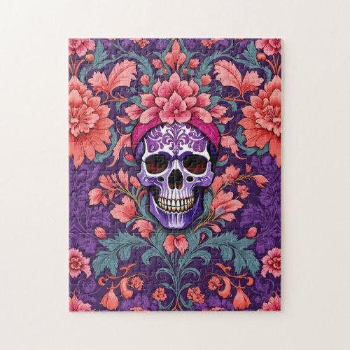 Grinning Skull Gothic Floral Damask Pattern Jigsaw Puzzle