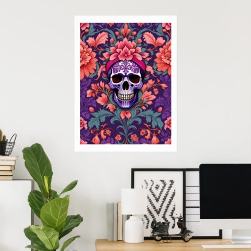 Grinning Skull Gothic Floral Damask Pattern Poster