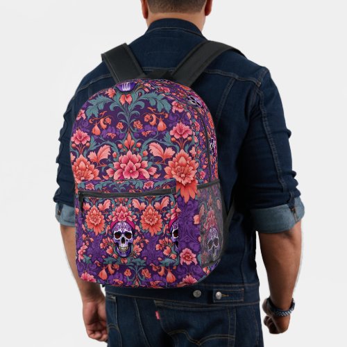 Grinning Skull Gothic Floral Damask Pattern Printed Backpack