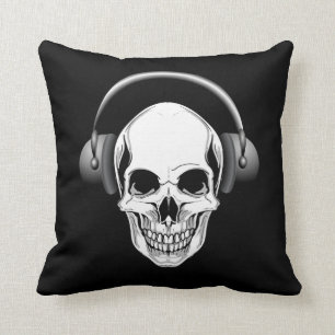 Grinning Skull With Headphones Throw Pillow