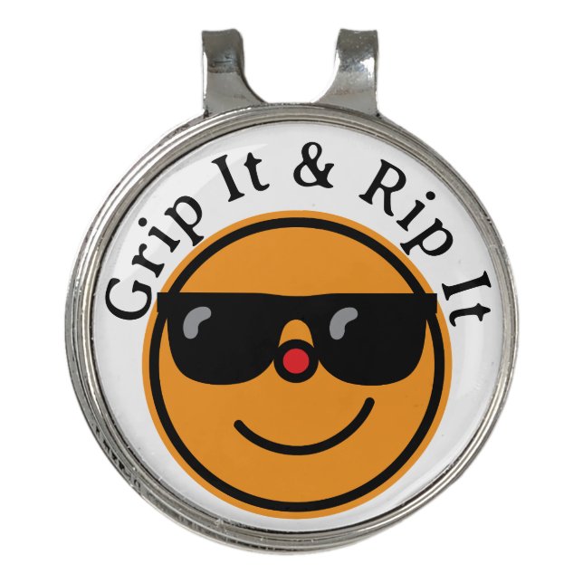 Grip It and Rip It Orange Happy Face Sunglasses Golf Hat Clip (Front)