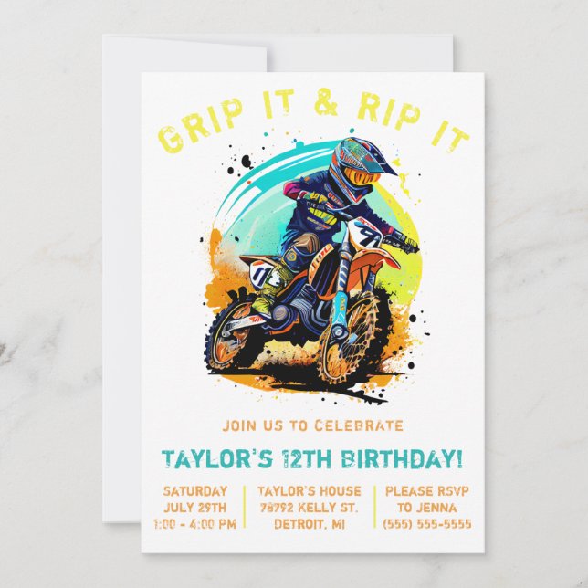 Grip It & Rip It! Motocross, Dirt Bike Birthday  Invitation (Front)