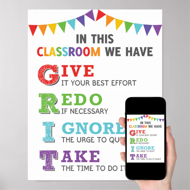 GRIT Acronym Classroom Growth Mindset Poster | Zazzle