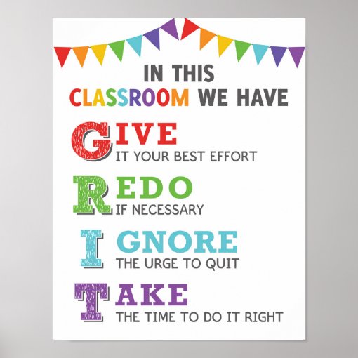 GRIT Acronym Classroom Growth Mindset Poster | Zazzle