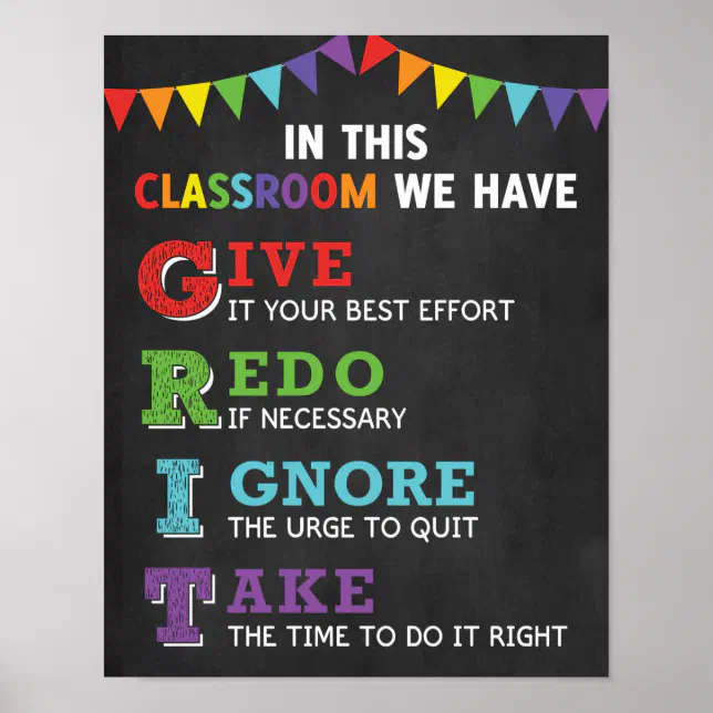 GRIT Acronym Classroom Growth Mindset Poster | Zazzle