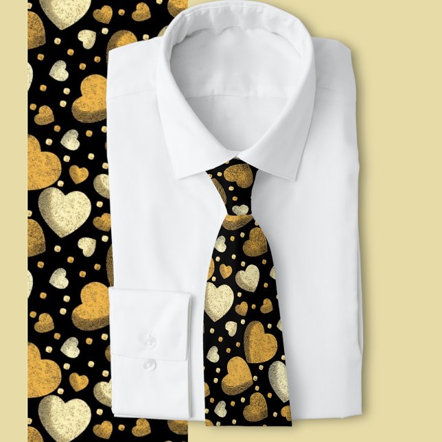 Gritty Love hearts gold   Neck Tie (Light and dark gold hearts on a black background )