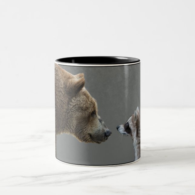 Grizzle Bear Meets Raccoon Two-Tone Coffee Mug (Center)