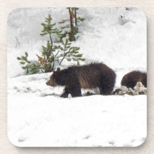 Grizzlies in the Snow Drink Coaster