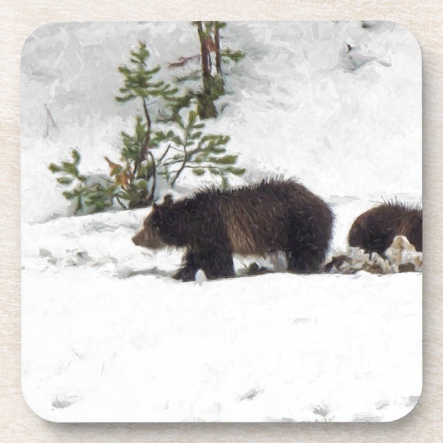 Grizzlies in the Snow Drink Coaster (Front)