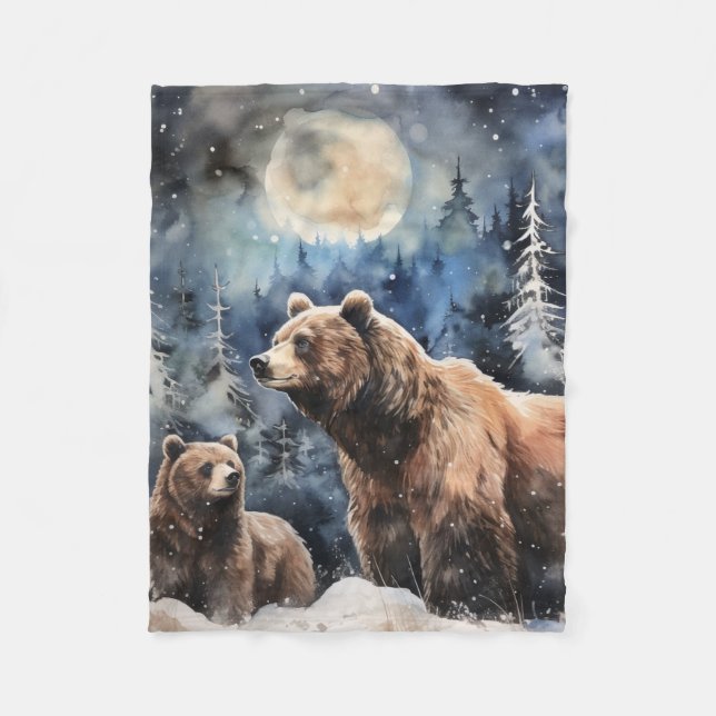 Grizzly Bear and Baby Fleece Blanket (Front)