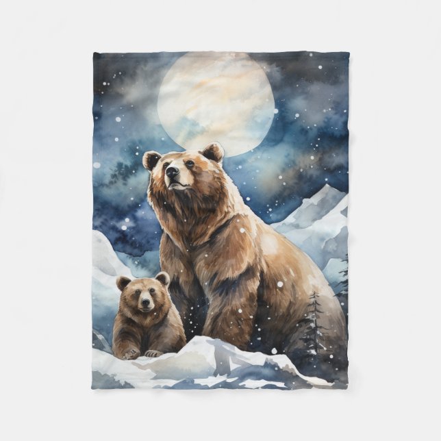 Grizzly Bear and Baby Fleece Blanket (Front)