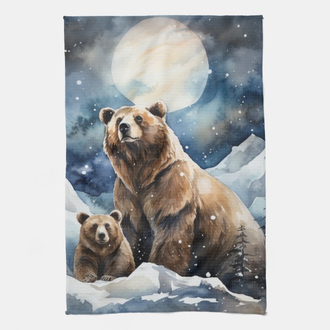 Grizzly Bear and Baby Kitchen Towel (Vertical)