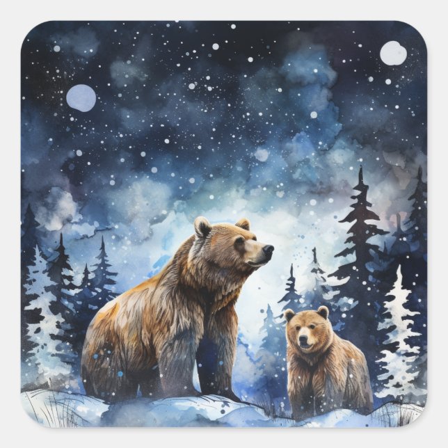 Grizzly Bear and Baby Square Sticker (Front)