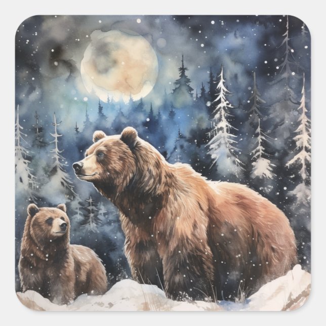 Grizzly Bear and Baby Square Sticker (Front)