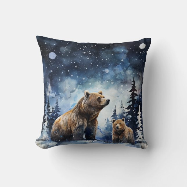 Grizzly Bear and Baby Throw Pillow (Front)