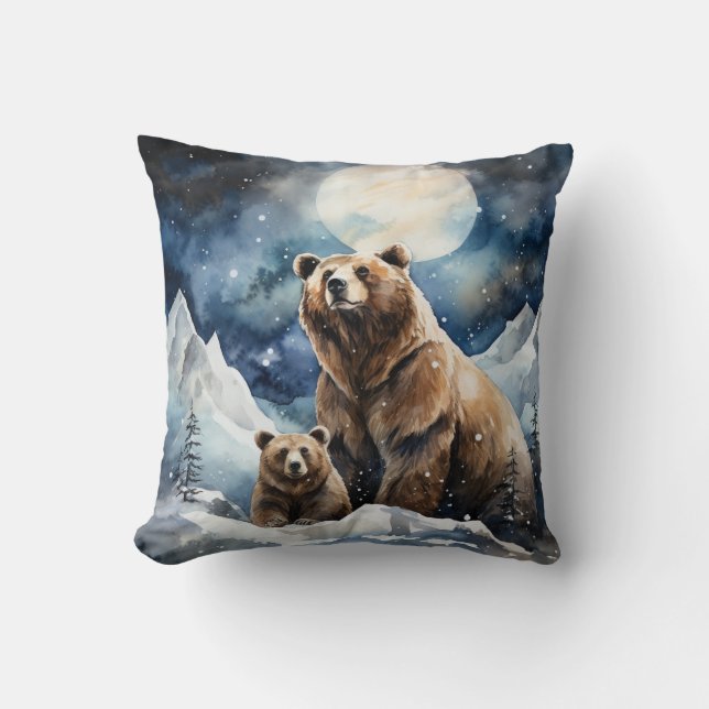 Grizzly Bear and Baby Throw Pillow (Front)